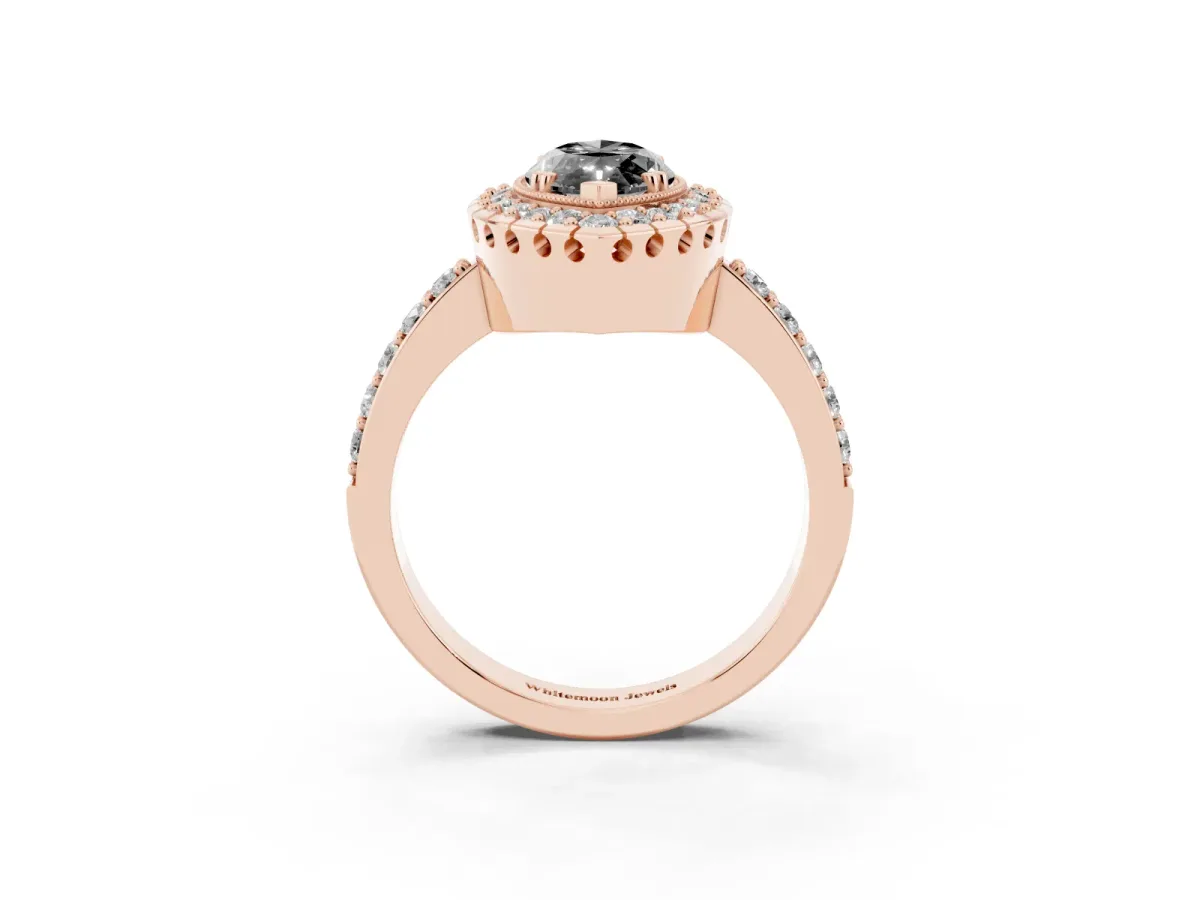Fancy Black Marquise Cut Diamond Halo Ring with Pavé Band and Prong Setting Rose gold