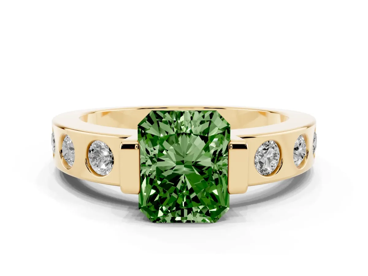 Fancy Green Radiant Cut Brilliant Channel-Set Diamond Ring with Bezel Prong Setting Yellow gold