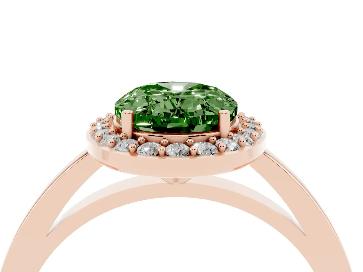 Fancy Green Oval Cut Halo Diamond Ring with Solitaire Band and Prong Setting Rose gold