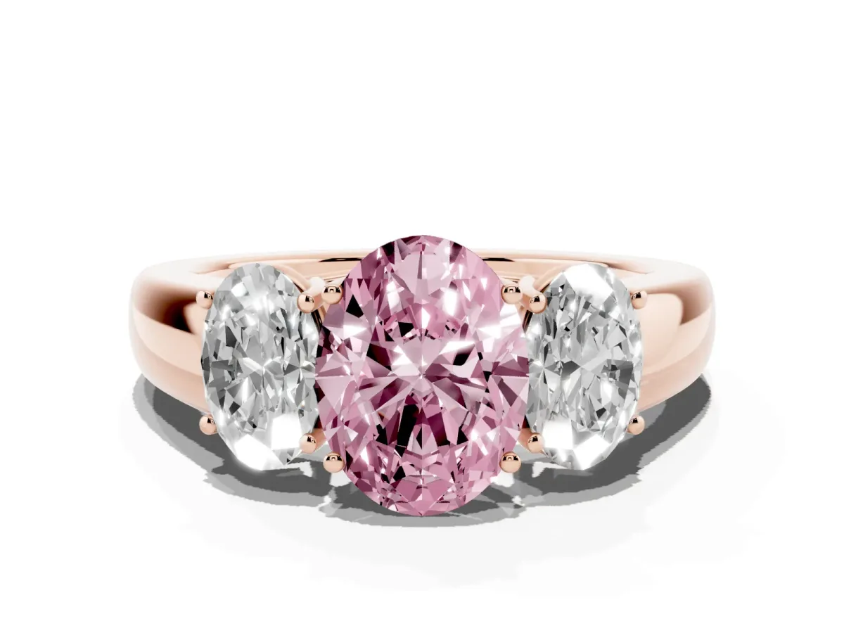Fancy Pink Three-Stone Oval Cut Cut Diamond Ring with Prong Setting and Classic Band Rose gold