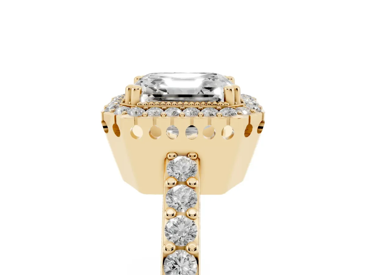 Asscher Cut Cut Diamond Halo Engagement Ring with Milgrain Detail and Pavé Band Yellow gold