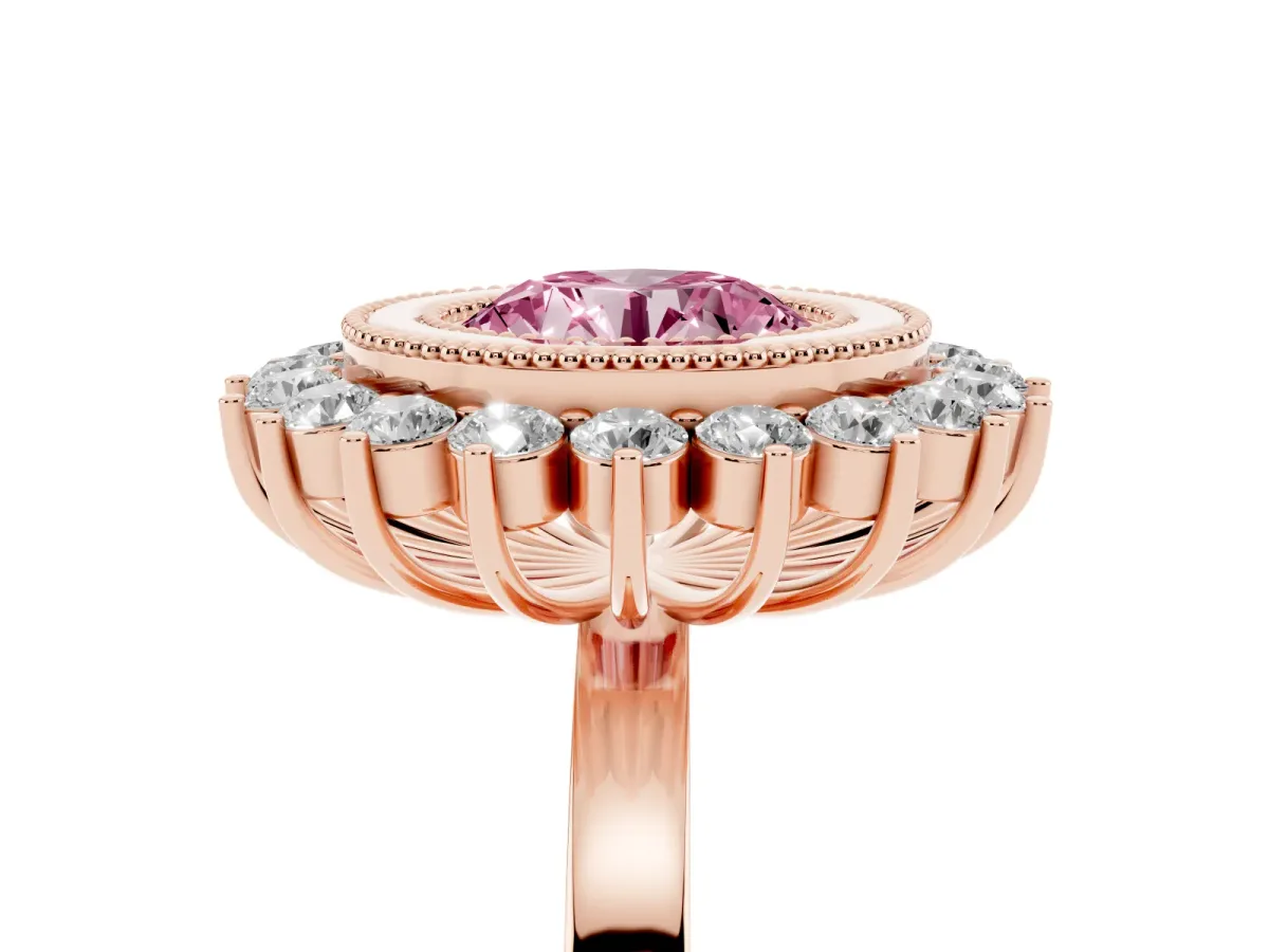 Fancy Pink Round Cut Halo Diamond Ring with Milgrain Edge and Round Prong Setting Rose gold