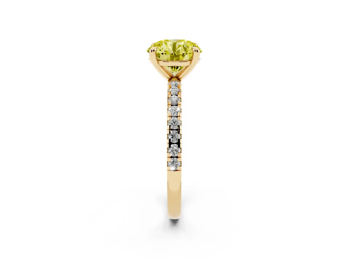 Fancy Yellow Round Cut Diamond Brilliant Solitaire Ring with Pavé Band and Four-Prong Setting Yellow gold