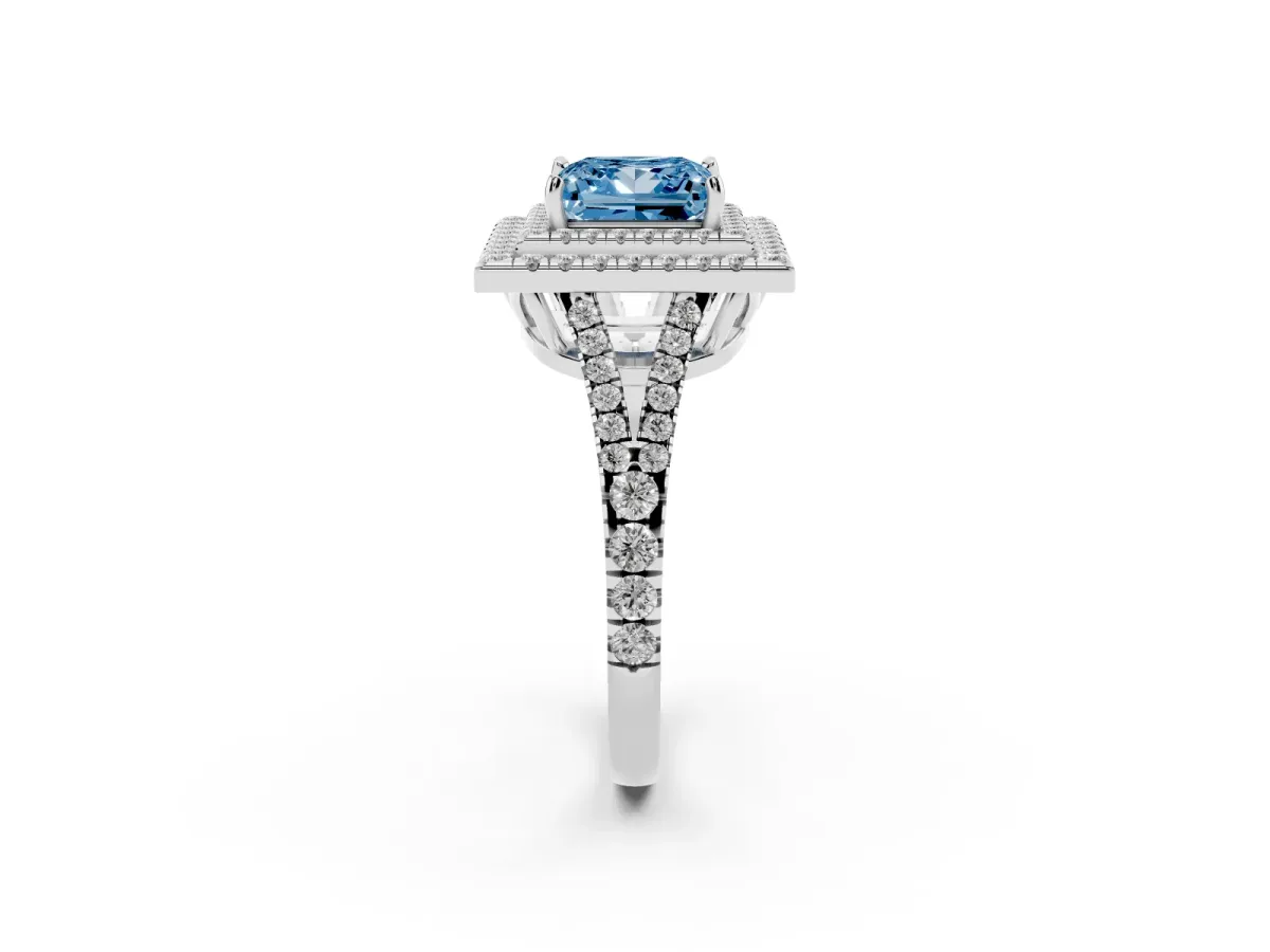 Fancy Blue Princess Cut Diamond Double Halo Ring with Pavé Band and Prong Setting Platinum