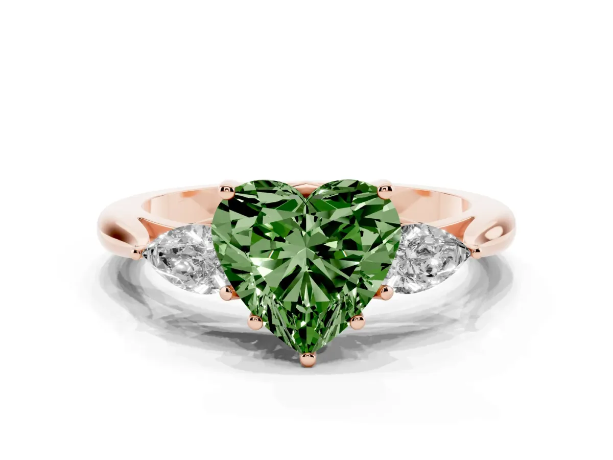 Fancy Green Three-Stone Heart Cut Diamond Ring with Pear Side Stones in Four-Prong Setting Rose gold