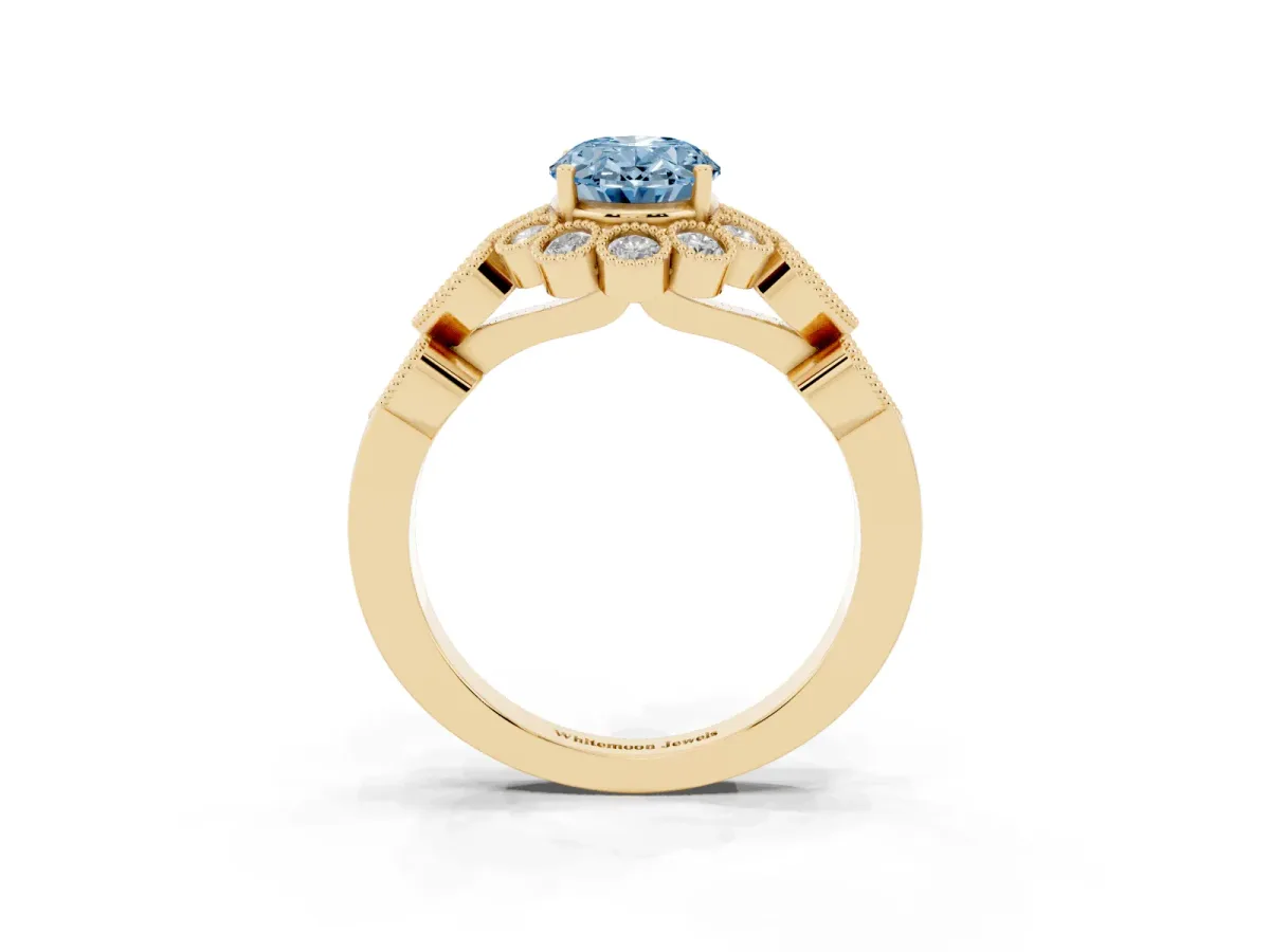 Fancy Blue Oval Cut Brilliant Milgrain Pave Heart Band Solitaire Ring Yellow gold