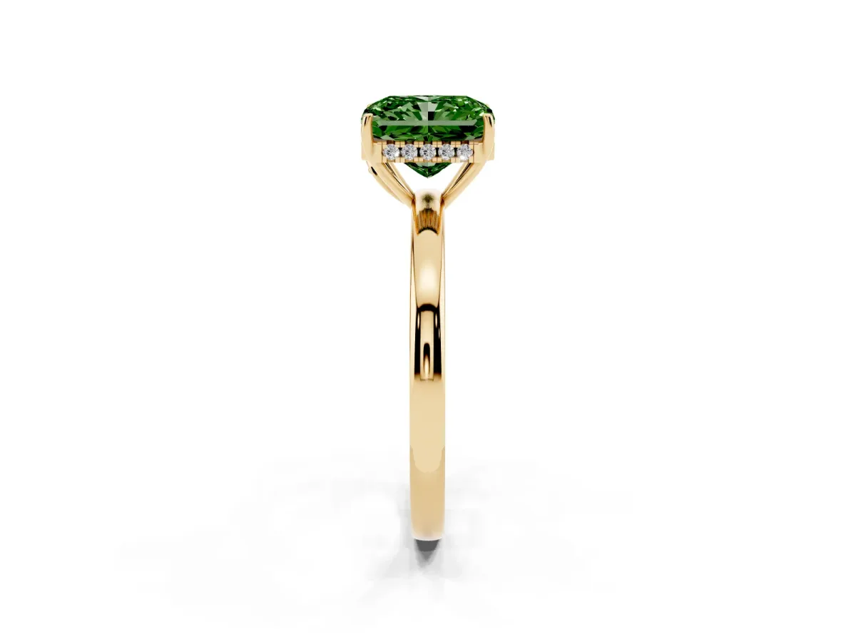 Fancy Green Radiant Cut Solitaire Diamond Ring with Prong Setting and Plain Band Yellow gold