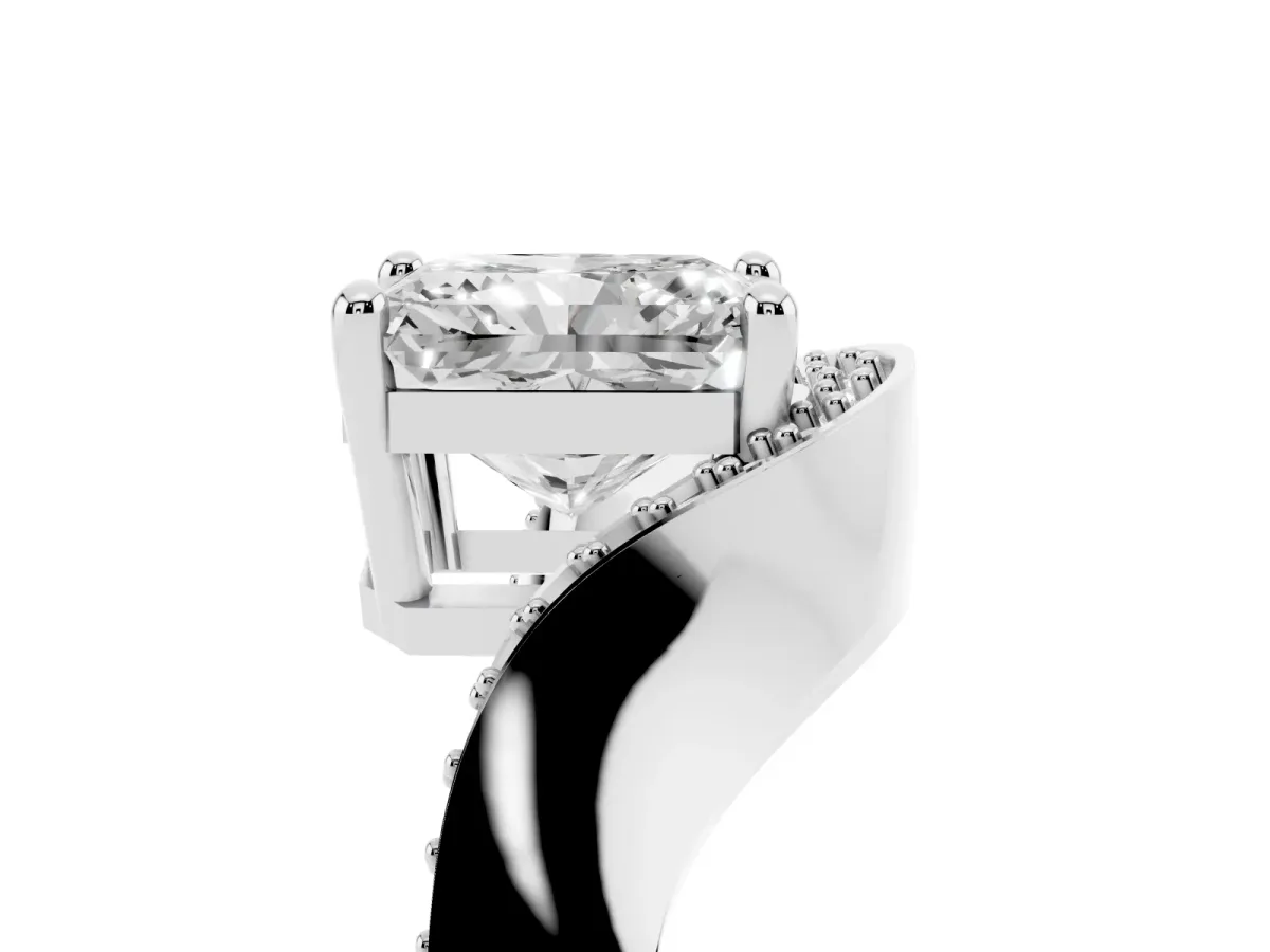 Radiant Cut Solitaire Diamond Engagement Ring with Pave Band and Four-Prong Setting Silver
