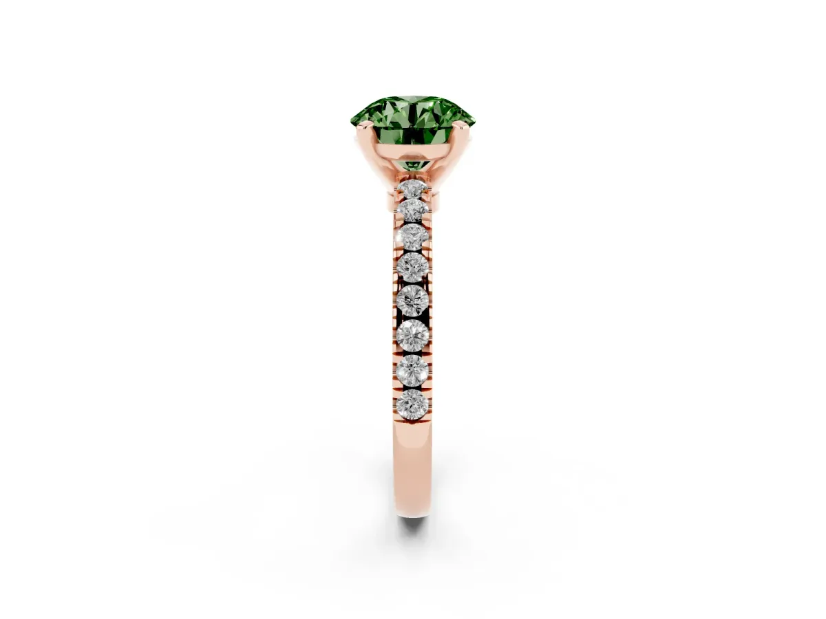 Fancy Green Round Cut Solitaire Diamond with Pavé Band and Four-Prong Setting Rose gold