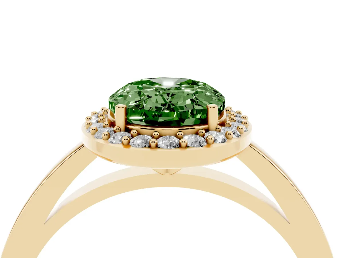 Fancy Green Oval Cut Halo Diamond Ring with Solitaire Band and Prong Setting Yellow gold