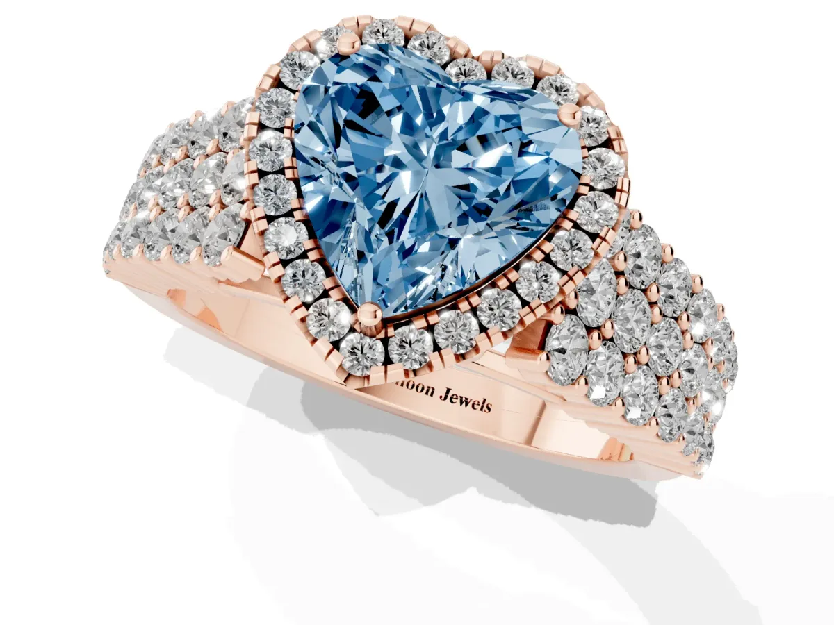 Fancy Blue Heart Cut Diamond Halo Engagement Ring with Triple Row Round Pavé Band and Prong Setting Rose gold