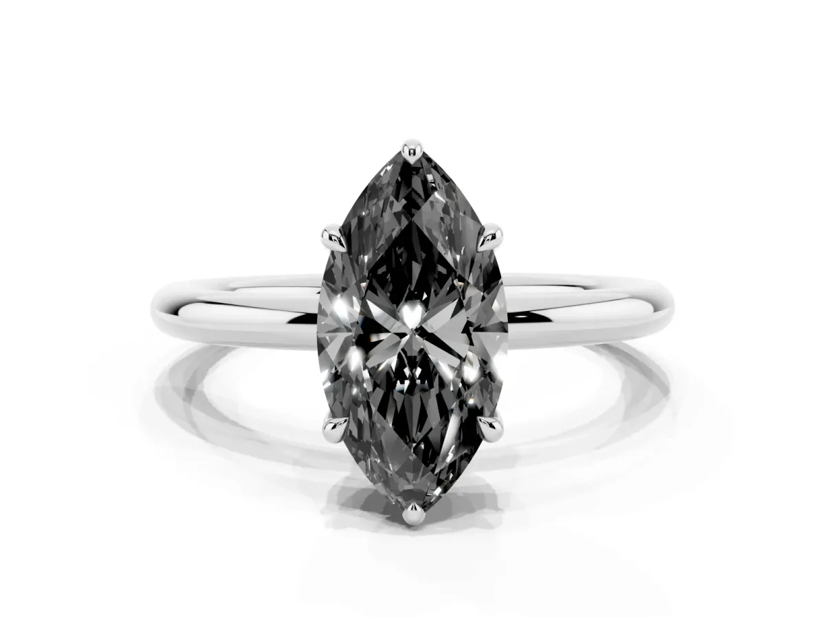 Fancy Black Marquise Cut Diamond Solitaire Ring with Thin Band and Four-Prong Setting Silver
