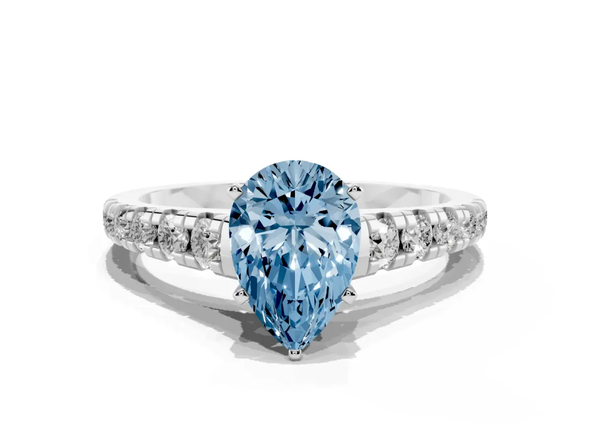 Fancy Blue Pear Cut Diamond Cathedral Solitaire Ring with Round Pavé Band Silver