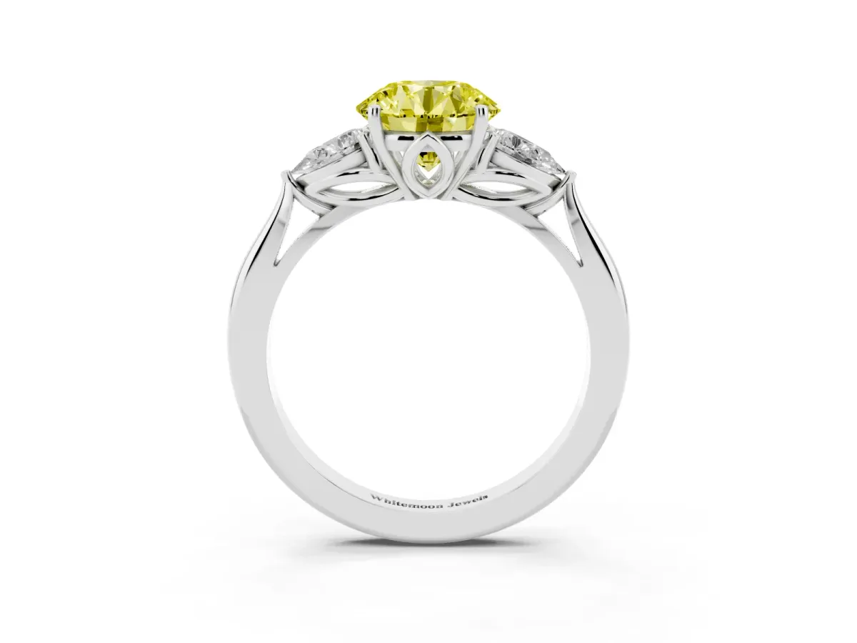 Fancy Yellow Three-Stone Round Cut Brilliant Diamond Solitaire Ring with Tapered Band and Four-Prong Setting Silver