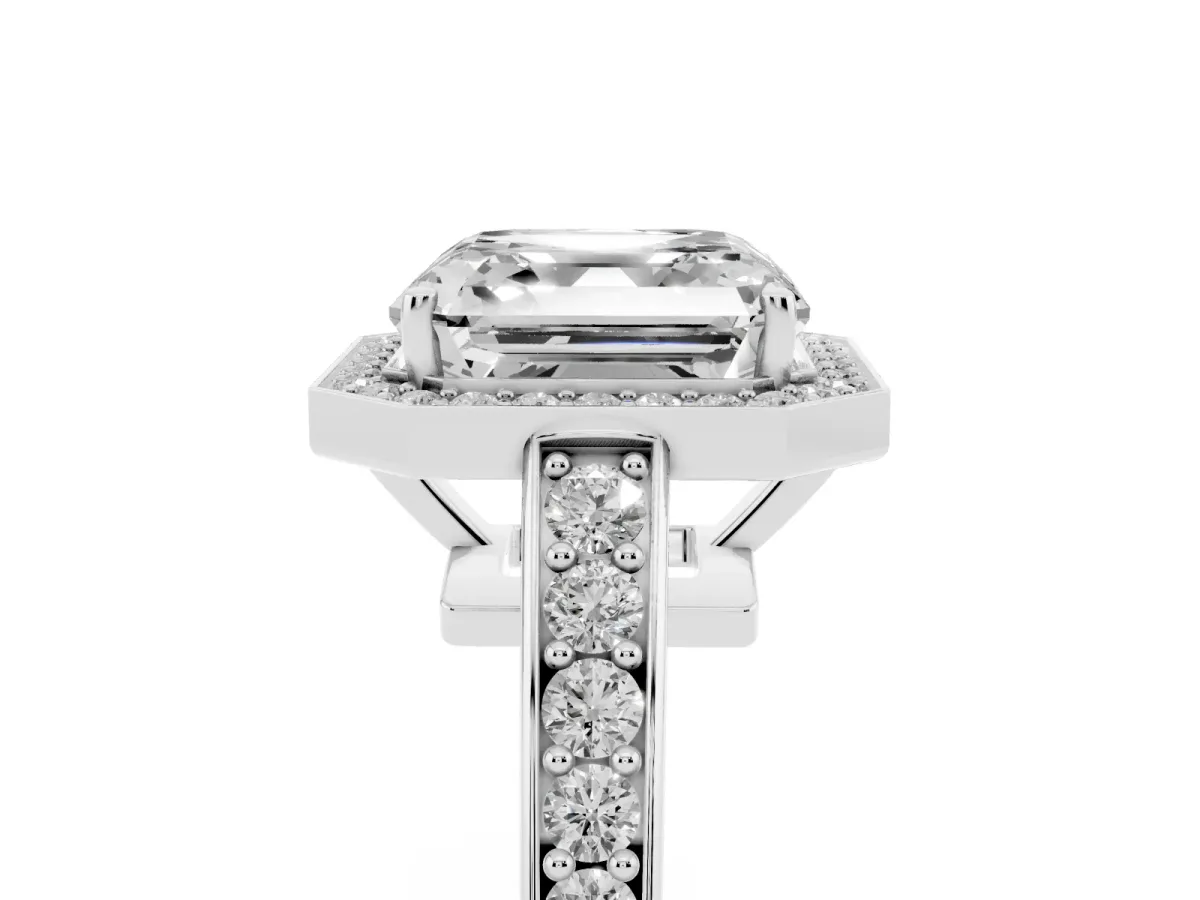 Asscher Cut Halo Pavé Diamond Engagement Ring with Bezel Setting Platinum