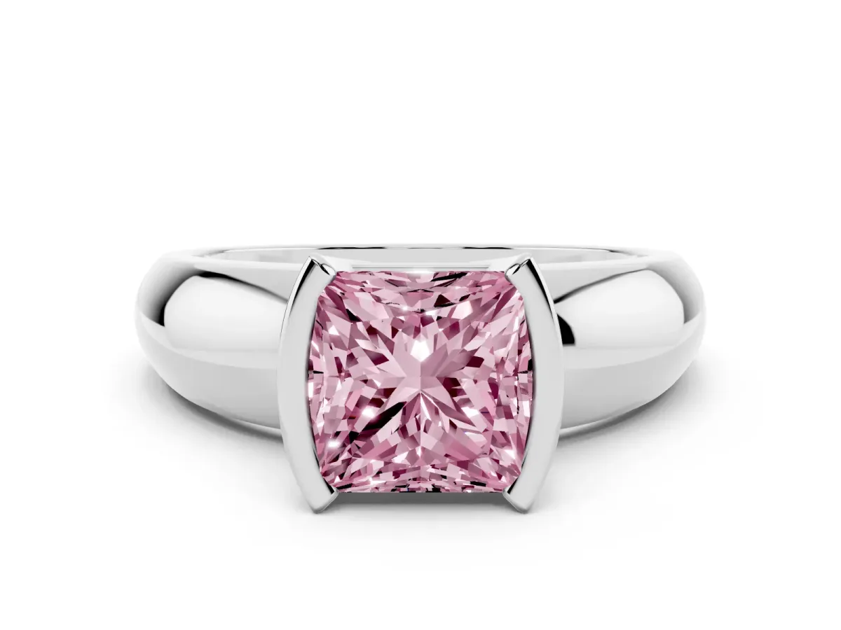 Fancy Pink Princess Cut Solitaire Tension Set Diamond Ring with Wide Band Silver