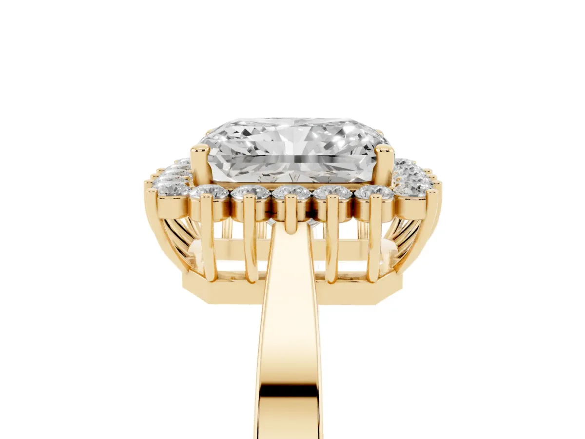 Radiant Cut Cut Diamond Halo Ring with Round Brilliant Halo and Solitaire Band Yellow gold