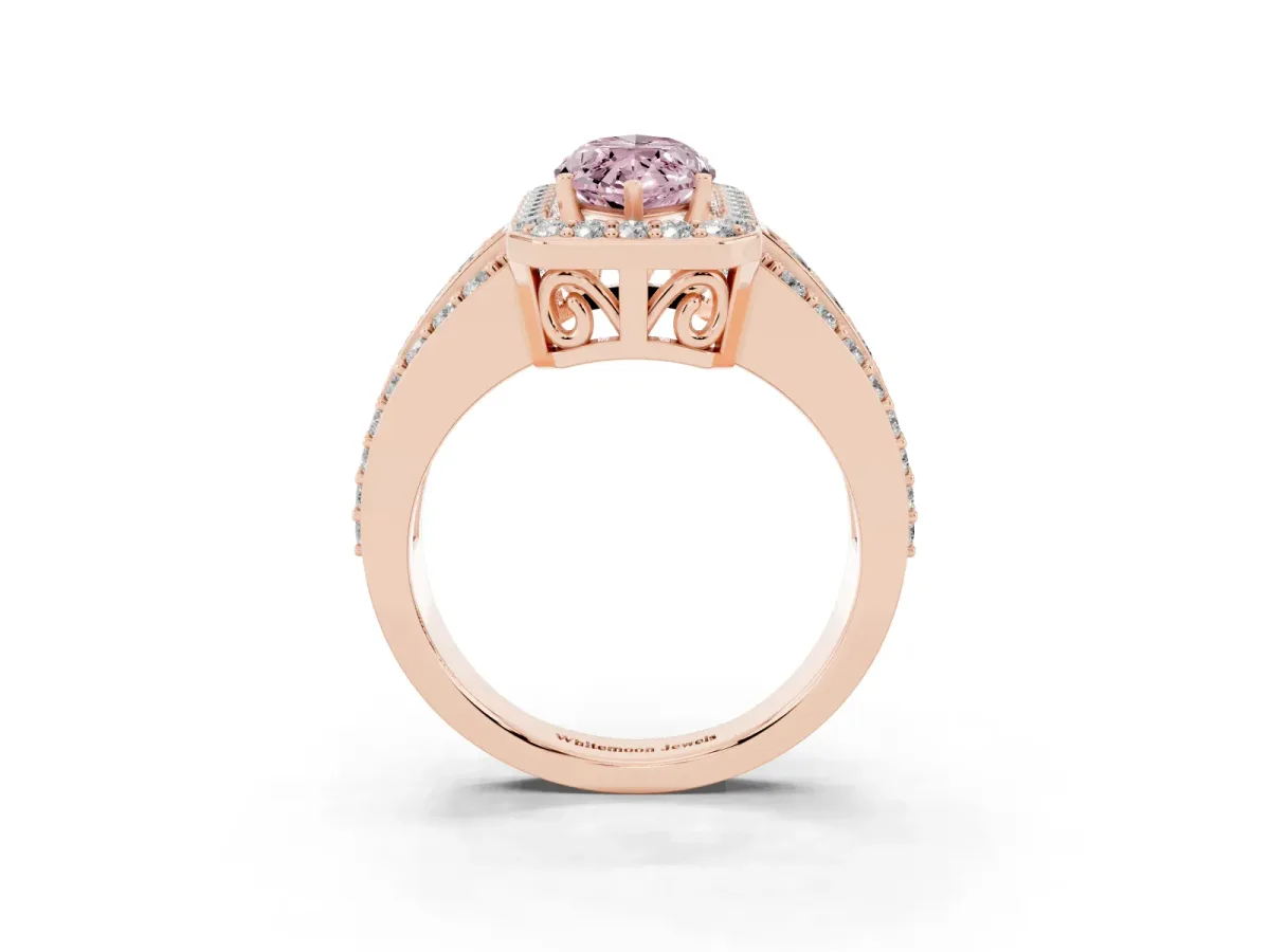 Fancy Pink Marquise Cut Halo Diamond Ring with Round Split Shank and Prong Setting Rose gold