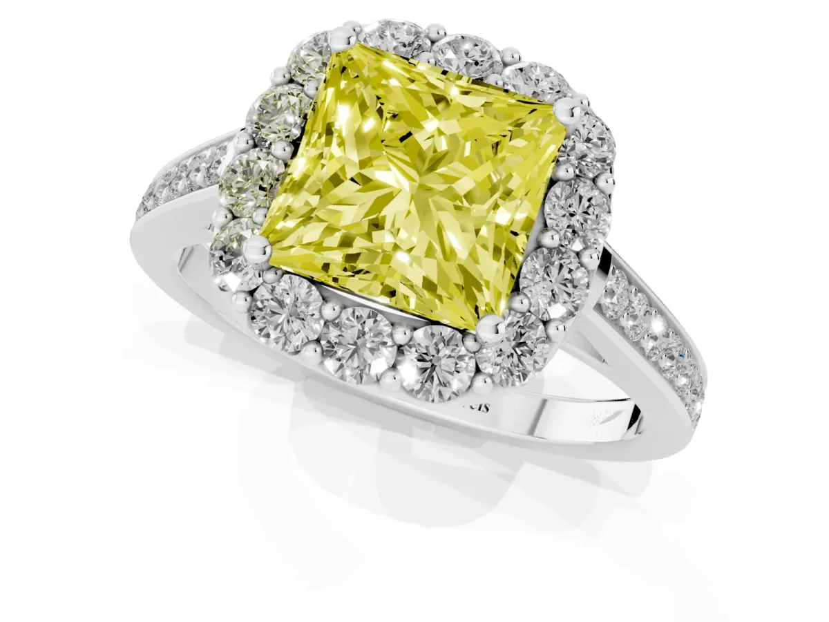 Fancy Yellow Princess Cut Diamond Floral Halo Ring with Pavé Band and Prong Setting White gold