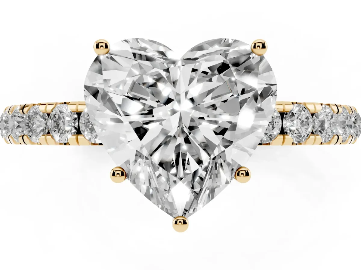 Heart Cut Diamond Pavé Solitaire Engagement Ring with Four-Prong Setting Yellow gold