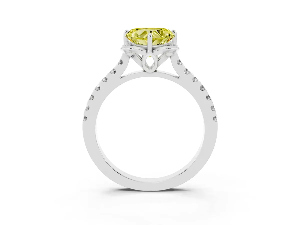 Fancy Yellow Heart Cut Diamond Ring with Pavé Band and Floral Prong Setting Silver