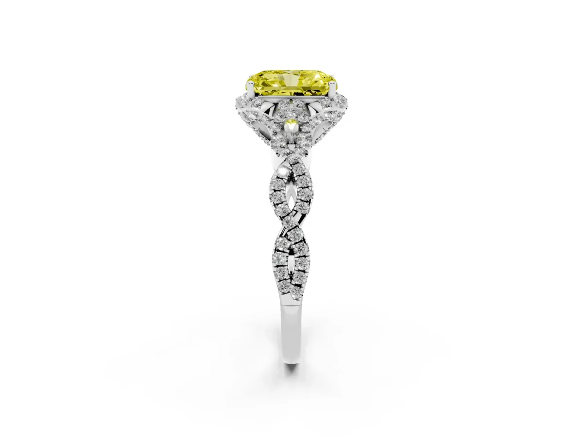 Fancy Yellow Radiant Cut Halo Twist Band Solitaire Ring with Six-Prong Setting Platinum