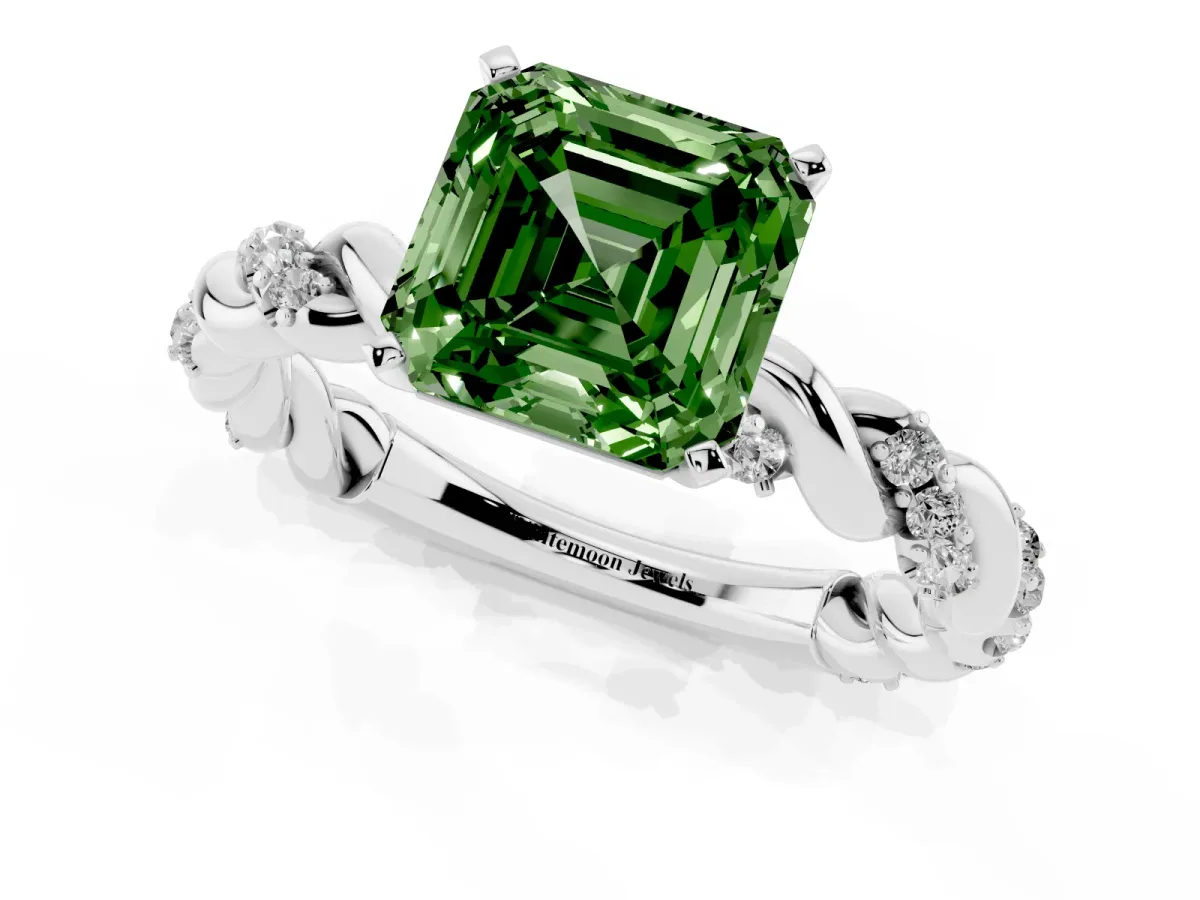 Fancy Green Asscher Cut Diamond Solitaire Ring with Twisted Band and Pavé Accents Silver