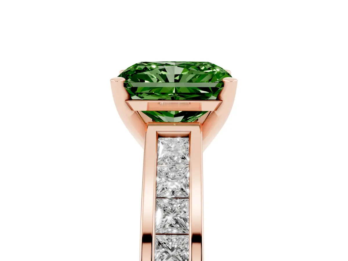 Fancy Green Radiant Cut Solitaire Diamond Ring with Channel-Set Band and Four-Prong Setting Rose gold