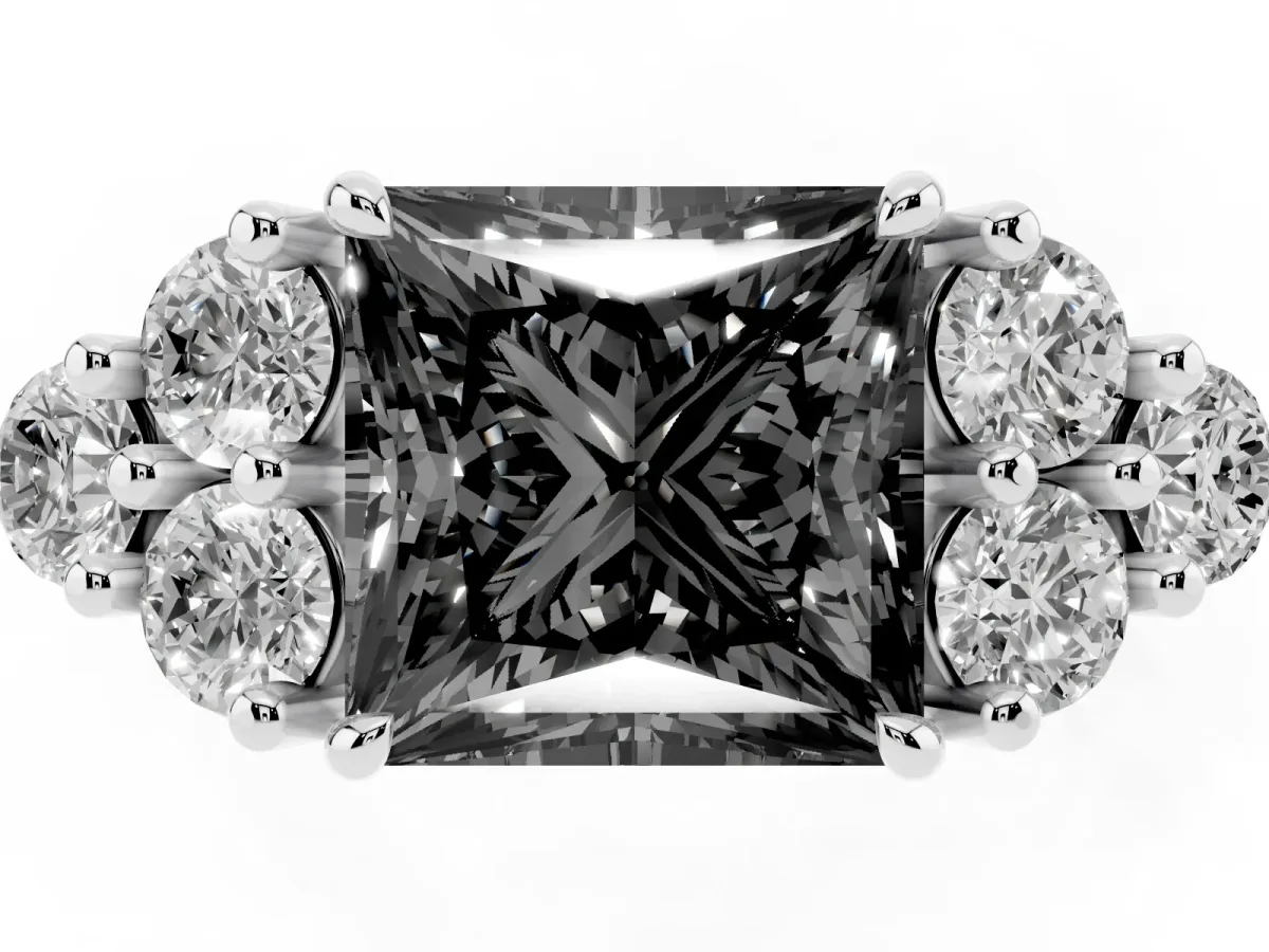 Fancy Black Princess Cut Brilliant Diamond Cluster Accent Solitaire Ring with Prong Setting Silver