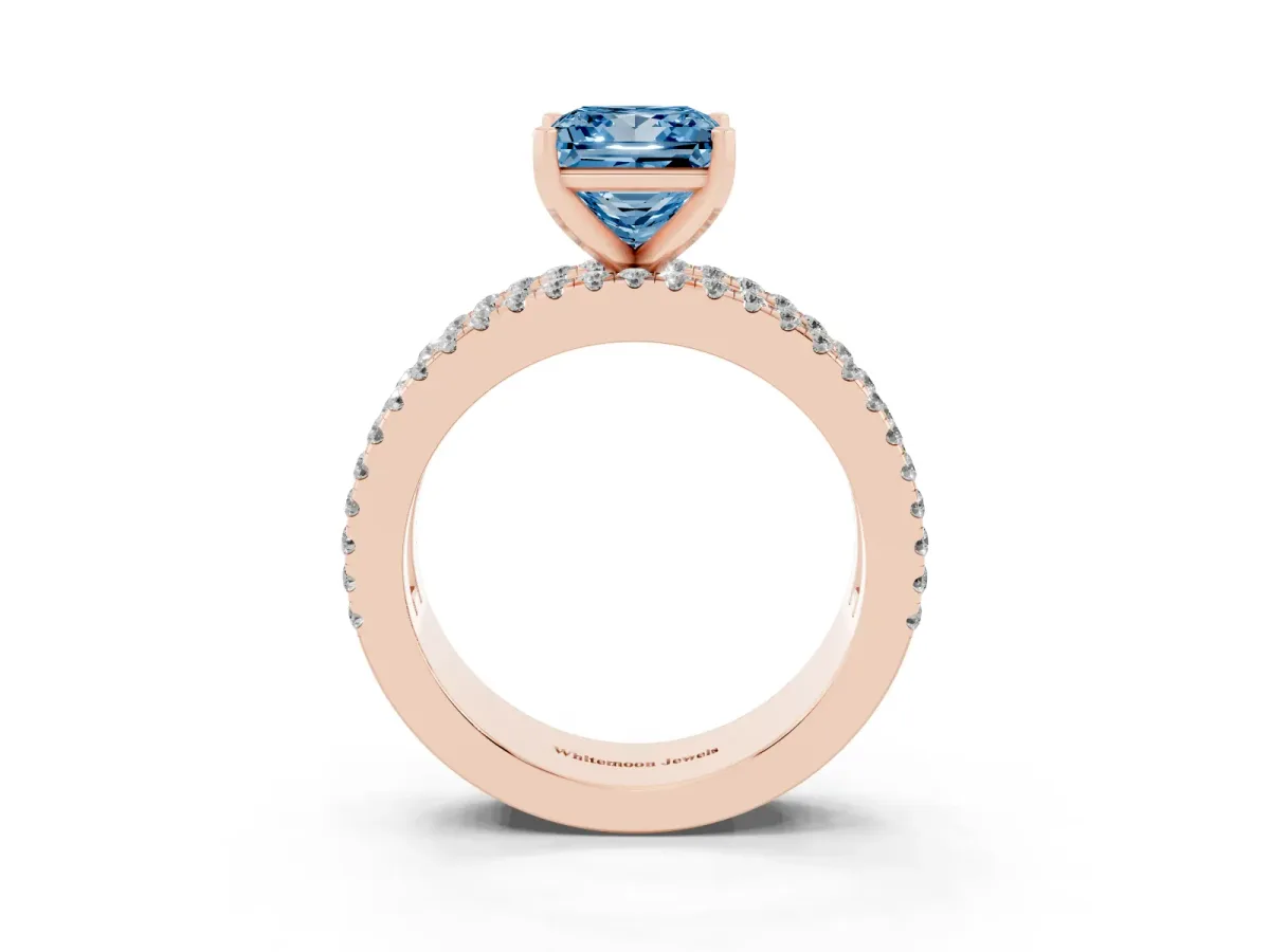 Fancy Blue Princess Cut Diamond Solitaire Ring with Pavé and Channel Set Band Rose gold