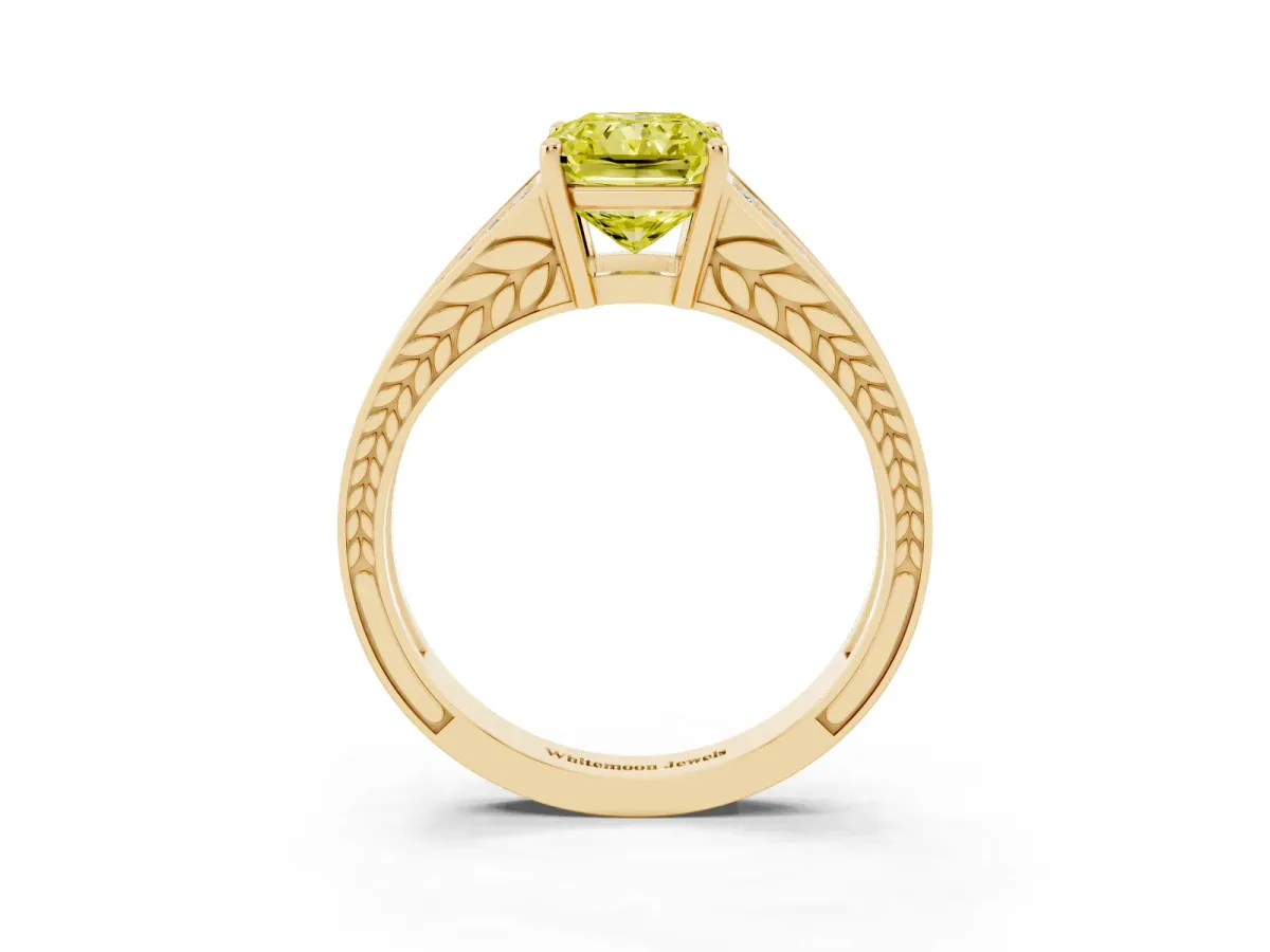 Fancy Yellow Radiant Cut Diamond Split Shank Ring with Pavé Band and Four-Prong Setting Yellow gold