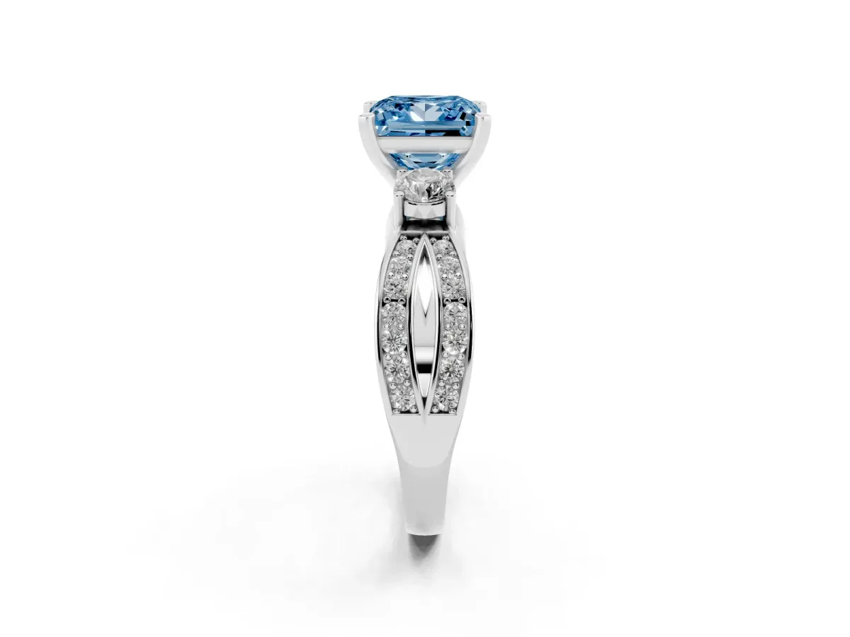 Fancy Blue Three-Stone Princess Cut Cut Diamond Twist Band with Prong Setting Silver