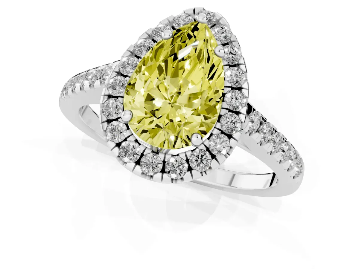 Fancy Yellow Pear Cut Halo Pavé Diamond Engagement Ring with Four-Prong Setting Silver