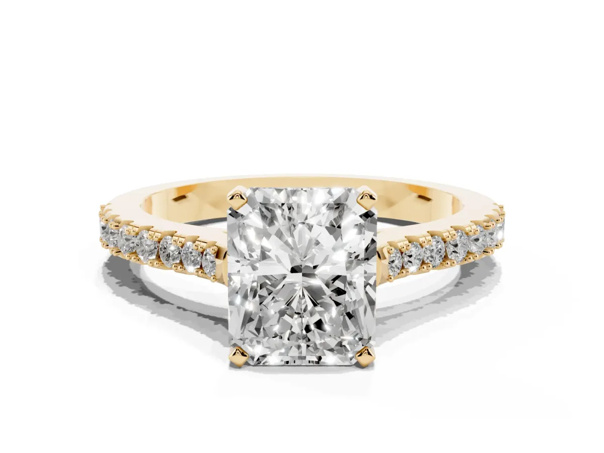 Radiant Cut Cut Solitaire Diamond Engagement Ring with Pave Band and Four-Prong Setting Yellow gold