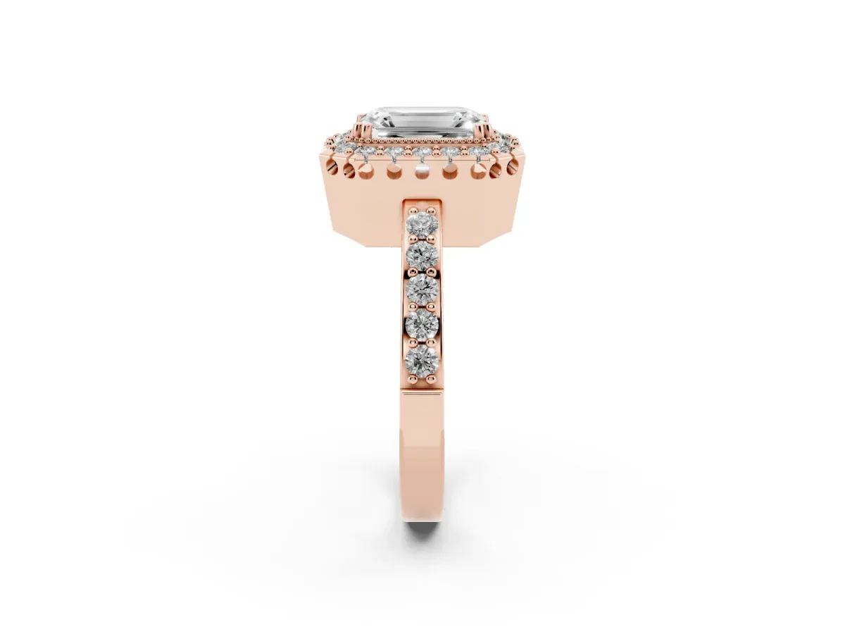 Emerald Cut Diamond Halo Ring with Pavé Band and Prong Setting Rose gold