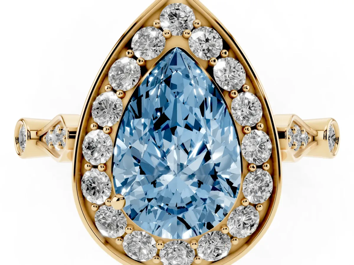 Fancy Blue Pear Cut Halo Diamond Engagement Ring with Twisted Band and Four-Prong Setting Yellow gold
