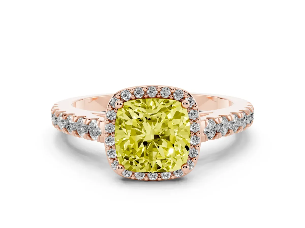 Fancy Yellow Cushion Cut Cut Halo Diamond Engagement Ring with Pave Band and Four-Prong Setting Rose gold