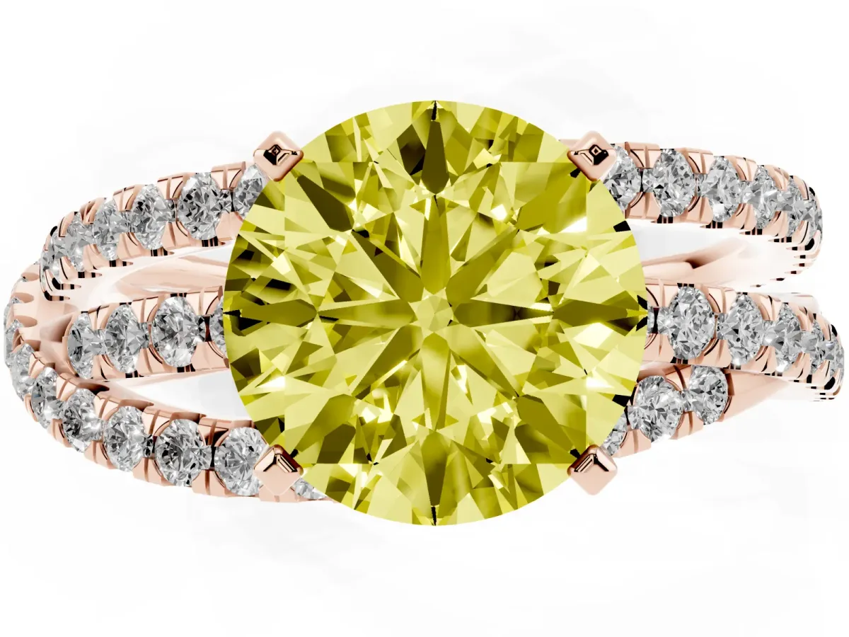 Fancy Yellow Round Cut Solitaire Twist Band with Pavé Setting and Four-Prong Setting Rose gold