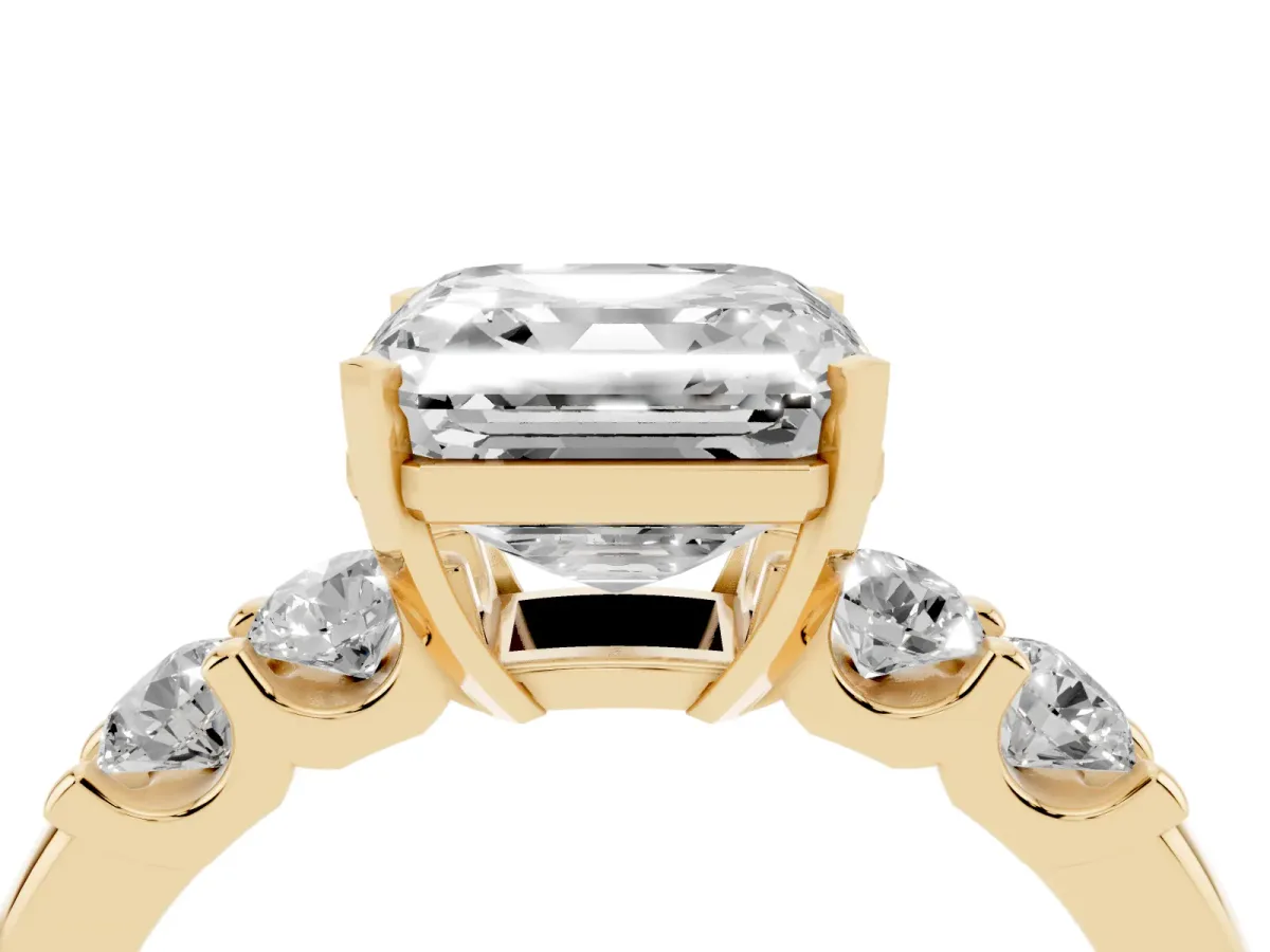 Asscher Cut Brilliant Cut Diamond Five-Stone Prong Set Engagement Ring with Channel Band Yellow gold