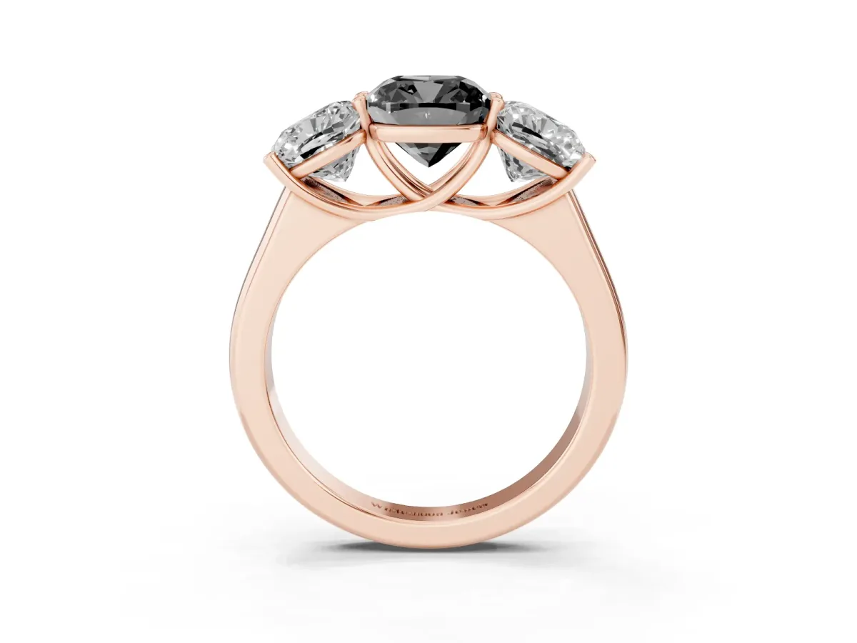 Fancy Black Cushion Cut Three-Stone Diamond Ring with Prong Setting on a Classic Band Rose gold