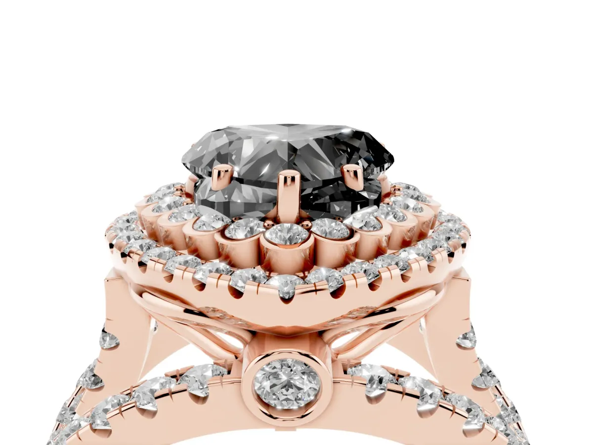 Fancy Black Heart Cut Diamond Double Halo Ring with Round Pavé Split Shank and Prong Setting Rose gold