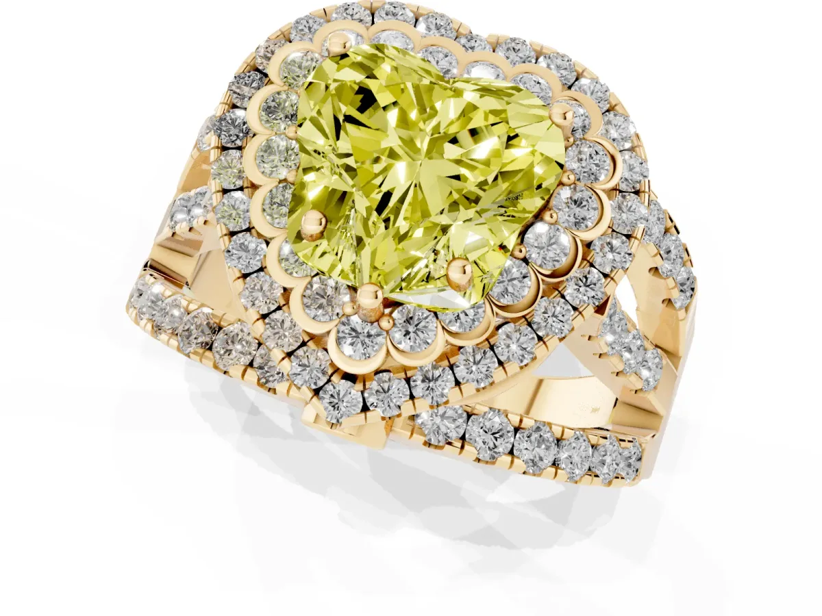 Fancy Yellow Heart Cut Diamond Double Halo Ring with Round Pavé Split Shank and Prong Setting Yellow gold