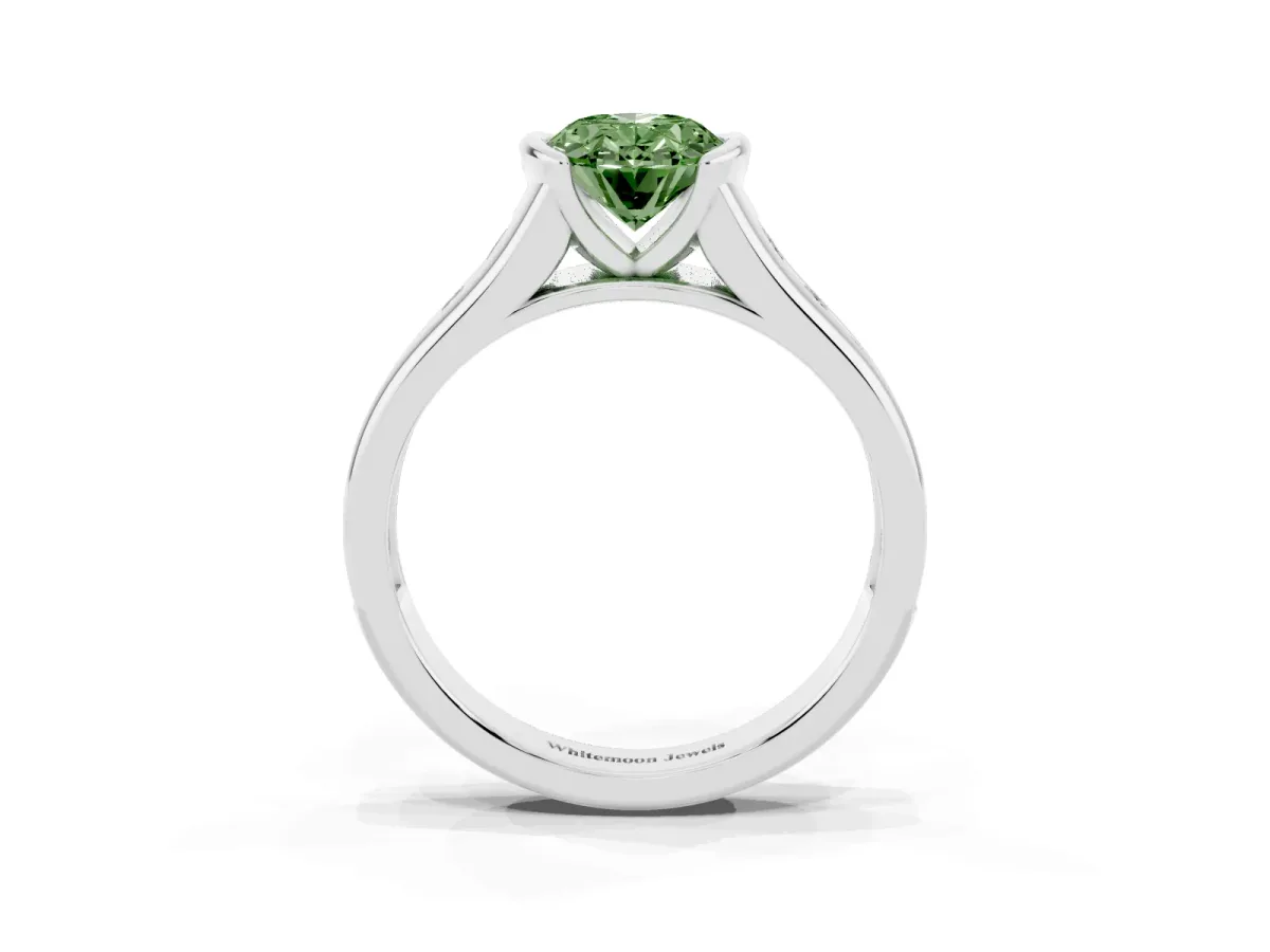 Fancy Green Oval Cut Solitaire Bezel-Set Diamond Ring with Channel-Set Band Silver