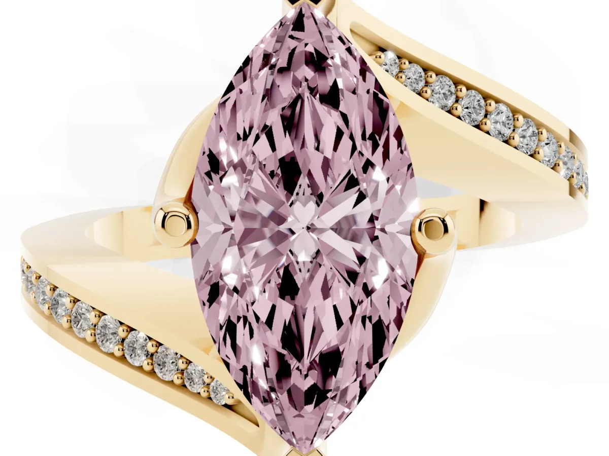 Fancy Pink Marquise Cut Solitaire Diamond Twist Band with Pavé Setting and Four-Prong Setting Yellow gold