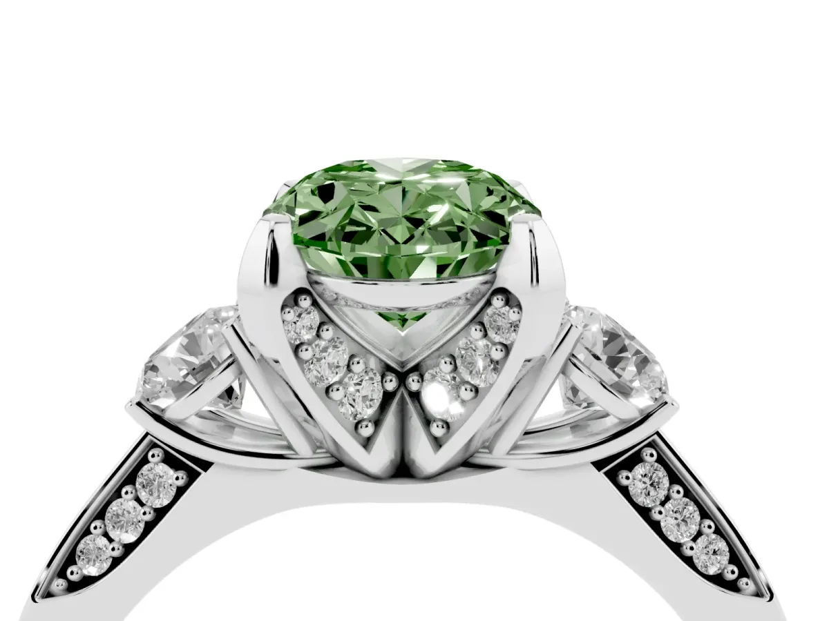 Fancy Green Oval Cut Brilliant Three-Stone Diamond Ring with Pavé Band and Four-Prong Setting White gold