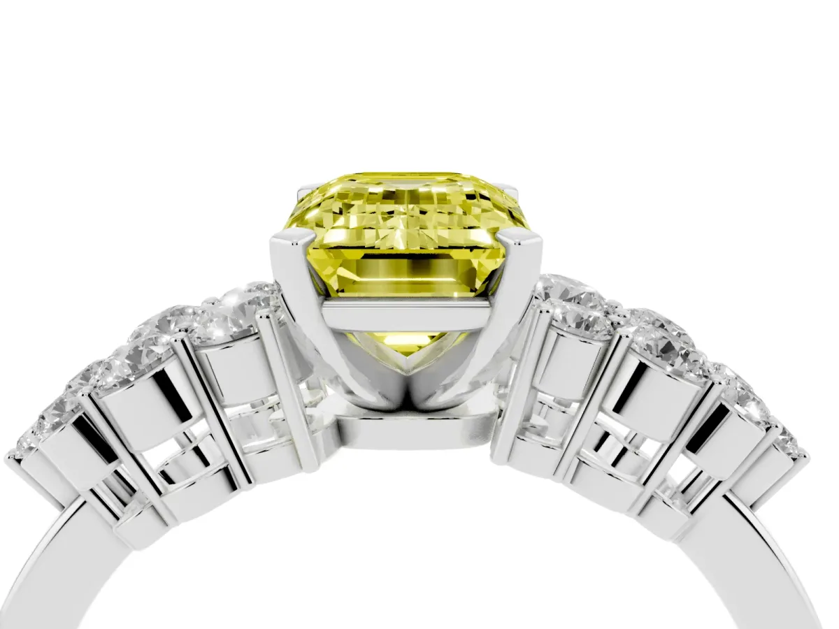 Fancy Yellow Emerald Cut Cluster Diamond Engagement Ring with Pavé Band and Four-Prong Setting Platinum