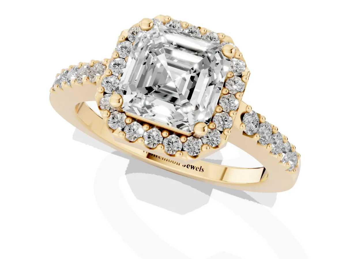 Asscher Cut Halo Diamond Pavé Solitaire Ring Yellow gold