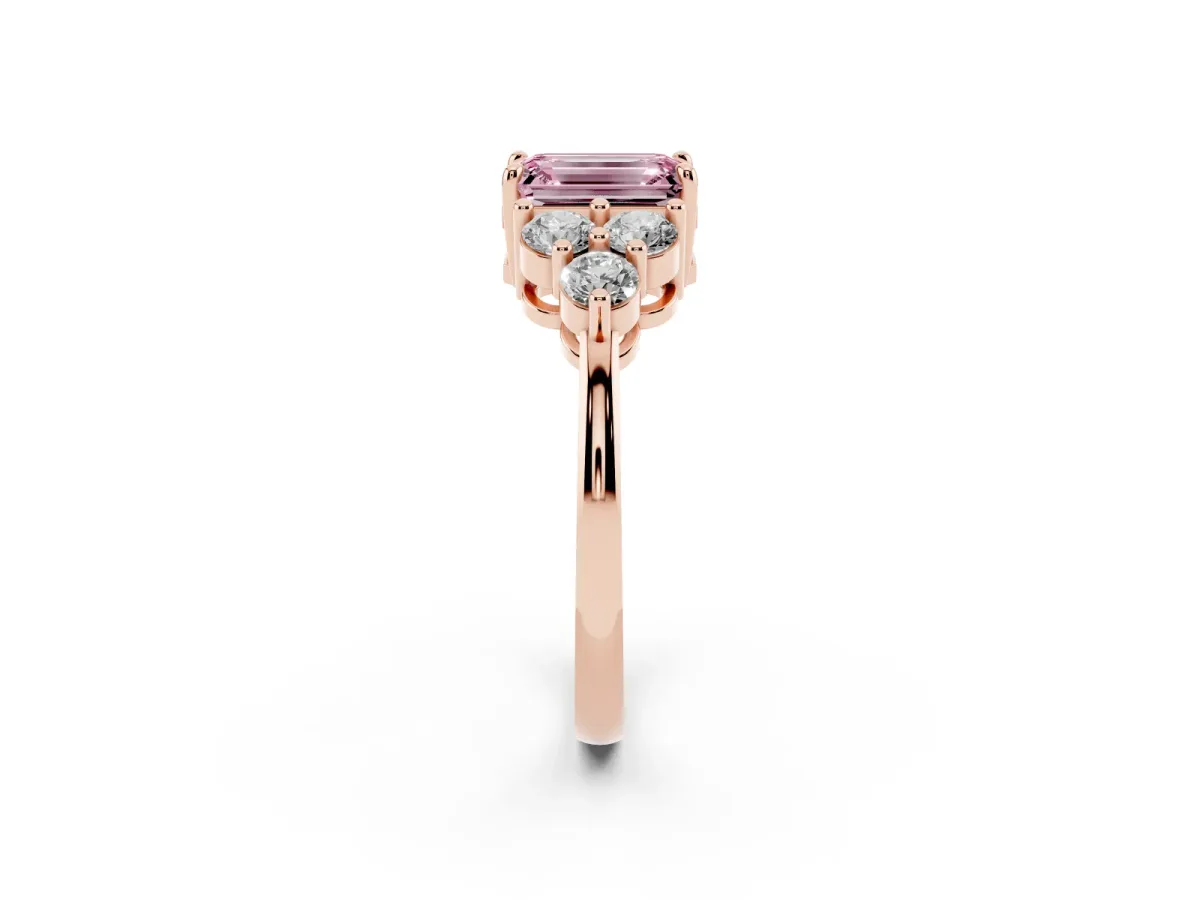 Fancy Pink Emerald Cut Brilliant Diamond Cluster Accent Solitaire Ring with Prong Setting Rose gold