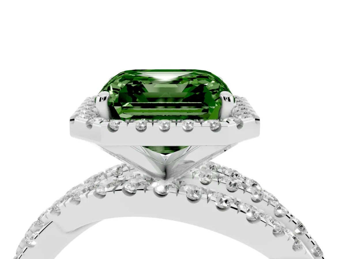 Fancy Green Asscher Cut Diamond Halo Ring with Round Split Shank and Prong Setting Silver