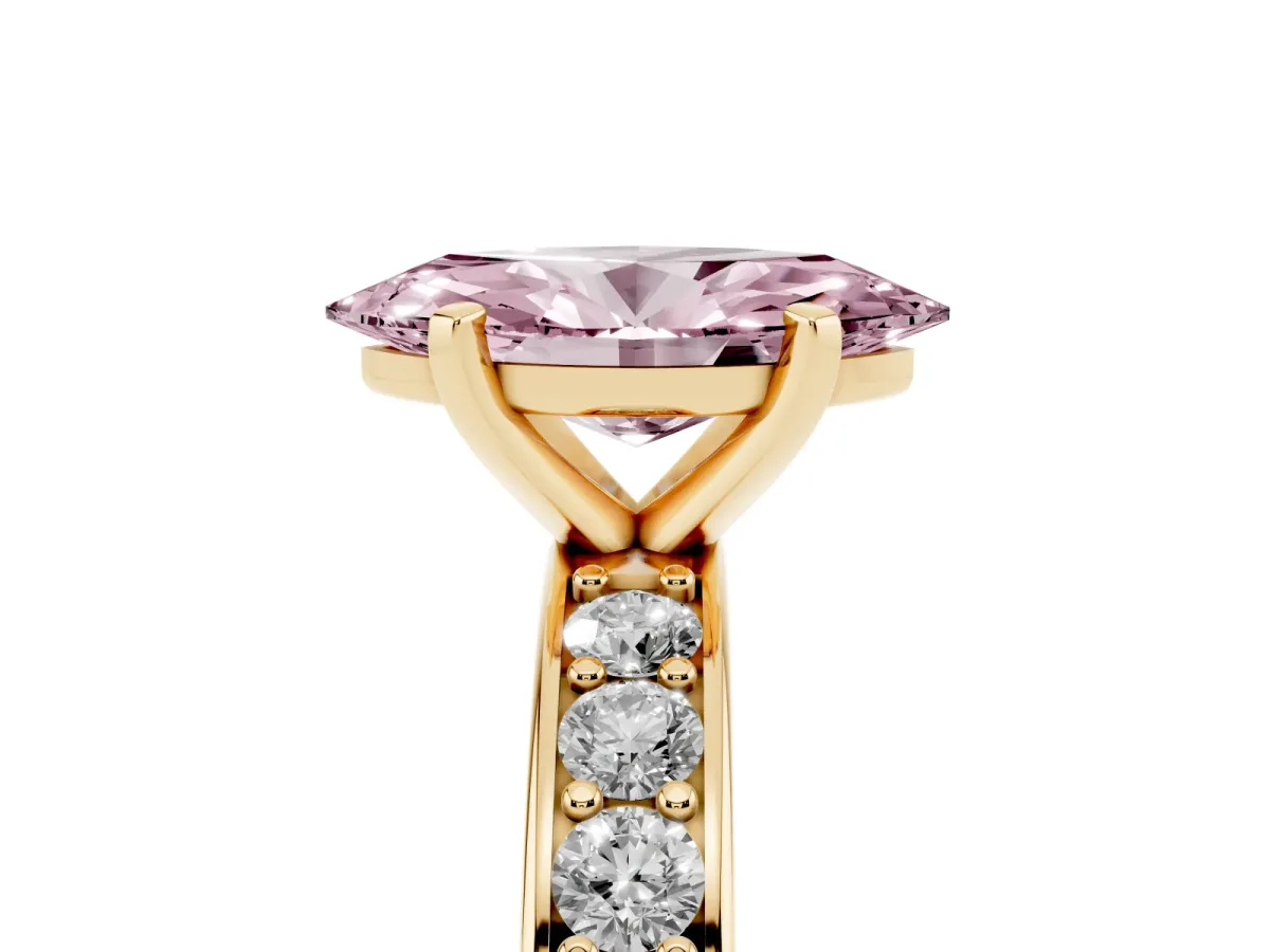 Fancy Pink Marquise Cut Diamond Engagement Ring with Channel Set Round Band and Prong Setting Yellow gold